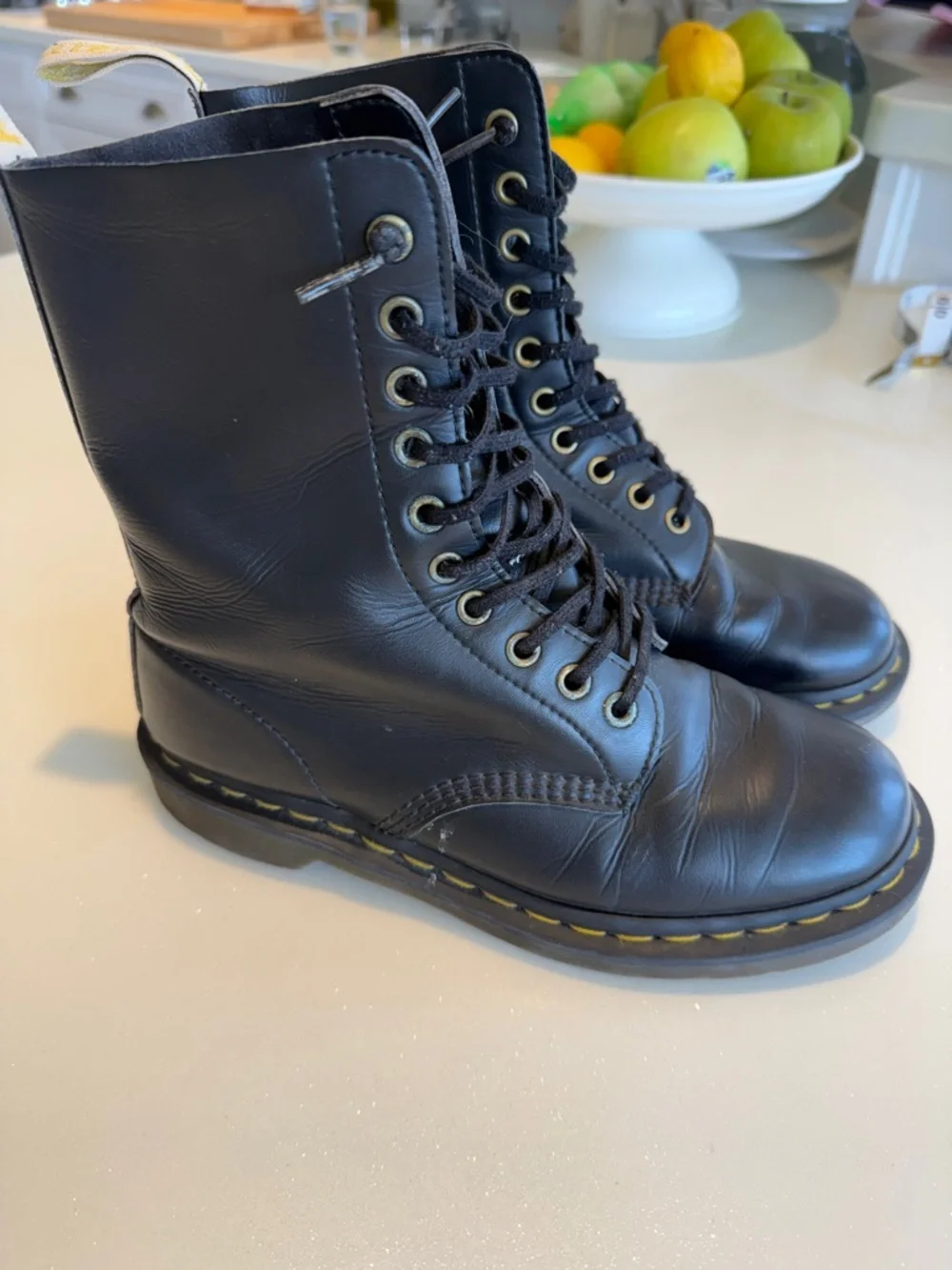 Doc Marten Black Leather Lace-Up Combat Boots with Yellow Stitching 8 - Picture 2 of 15